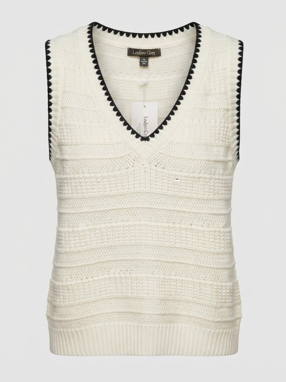 Laurel Grey Women’s Small Cream Crochet Knit Sweater Vest Black Trim NWT